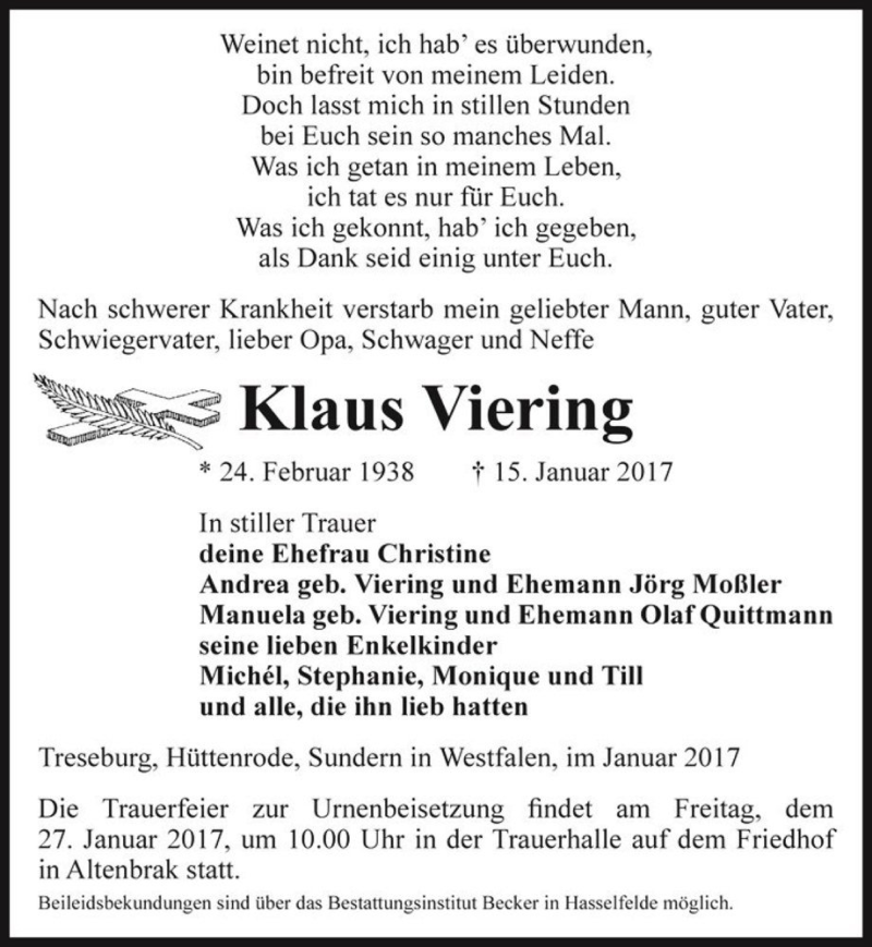  Traueranzeige für Klaus Viering  vom 21.01.2017 aus Magdeburger Volksstimme