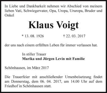 Traueranzeige von Klaus Voigt  von Magdeburger Volksstimme