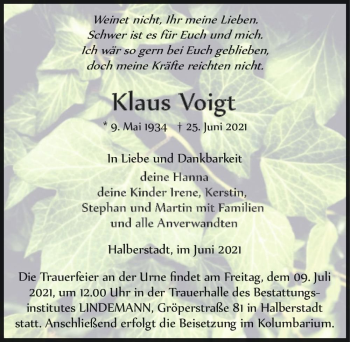 Traueranzeige von Klaus Voigt  von Magdeburger Volksstimme
