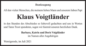 Traueranzeige von Klaus Voigtländer  von Magdeburger Volksstimme