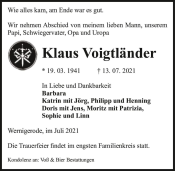 Traueranzeige von Klaus Voigtländer  von Magdeburger Volksstimme