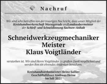 Traueranzeige von Klaus Voigtländer  von Magdeburger Volksstimme