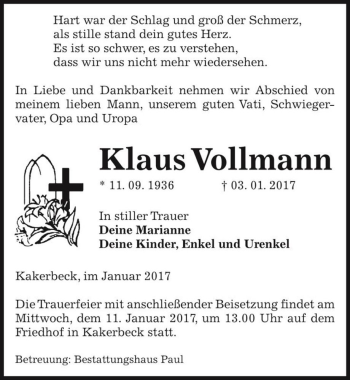 Traueranzeige von Klaus Vollmann  von Magdeburger Volksstimme
