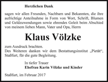 Traueranzeige von Klaus Völzke  von Magdeburger Volksstimme