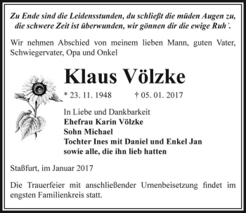 Traueranzeige von Klaus Völzke  von Magdeburger Volksstimme