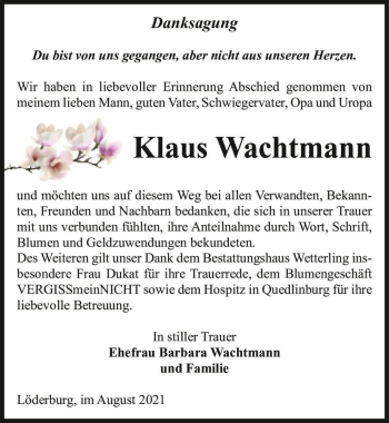 Traueranzeige von Klaus Wachtmann  von Magdeburger Volksstimme