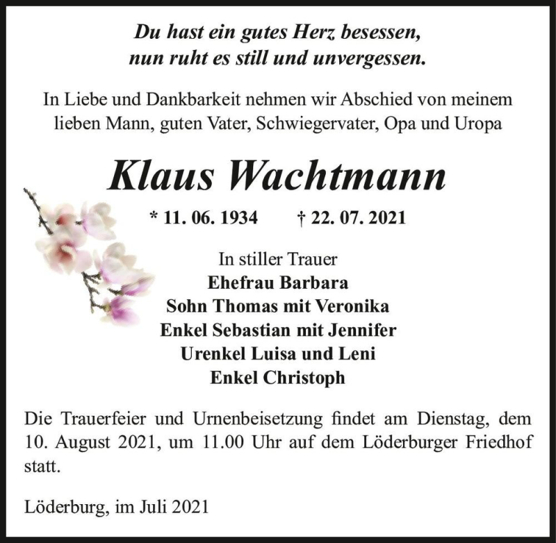  Traueranzeige für Klaus Wachtmann  vom 31.07.2021 aus Magdeburger Volksstimme