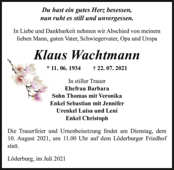 Traueranzeige von Klaus Wachtmann  von Magdeburger Volksstimme