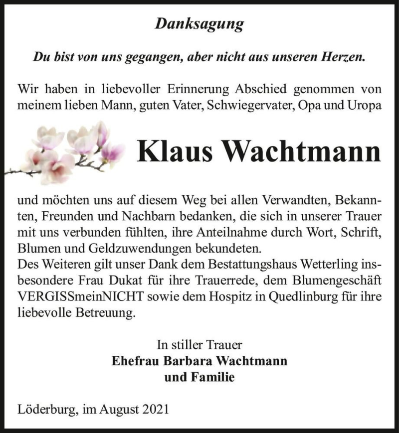  Traueranzeige für Klaus Wachtmann  vom 14.08.2021 aus Magdeburger Volksstimme