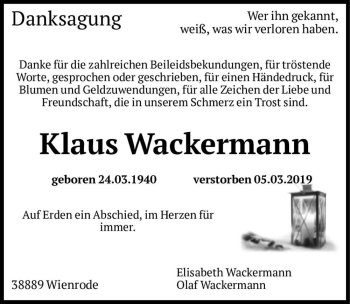 Traueranzeige von Klaus Wackermann  von Magdeburger Volksstimme