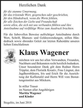 Traueranzeige von Klaus Wagener  von Magdeburger Volksstimme