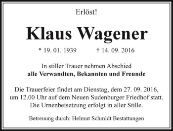 Traueranzeige von Klaus Wagener  von Magdeburger Volksstimme