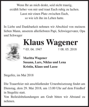 Traueranzeige von Klaus Wagener  von Magdeburger Volksstimme