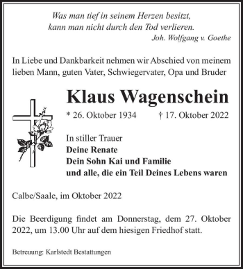 Traueranzeige von Klaus Wagenschein  von Magdeburger Volksstimme