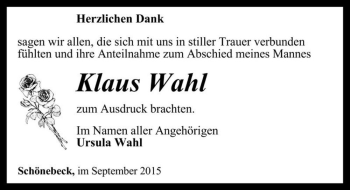 Traueranzeige von Klaus Wahl  von Magdeburger Volksstimme