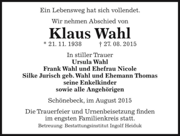 Traueranzeige von Klaus Wahl  von Magdeburger Volksstimme