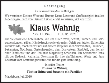 Traueranzeige von Klaus Wahnig  von Magdeburger Volksstimme
