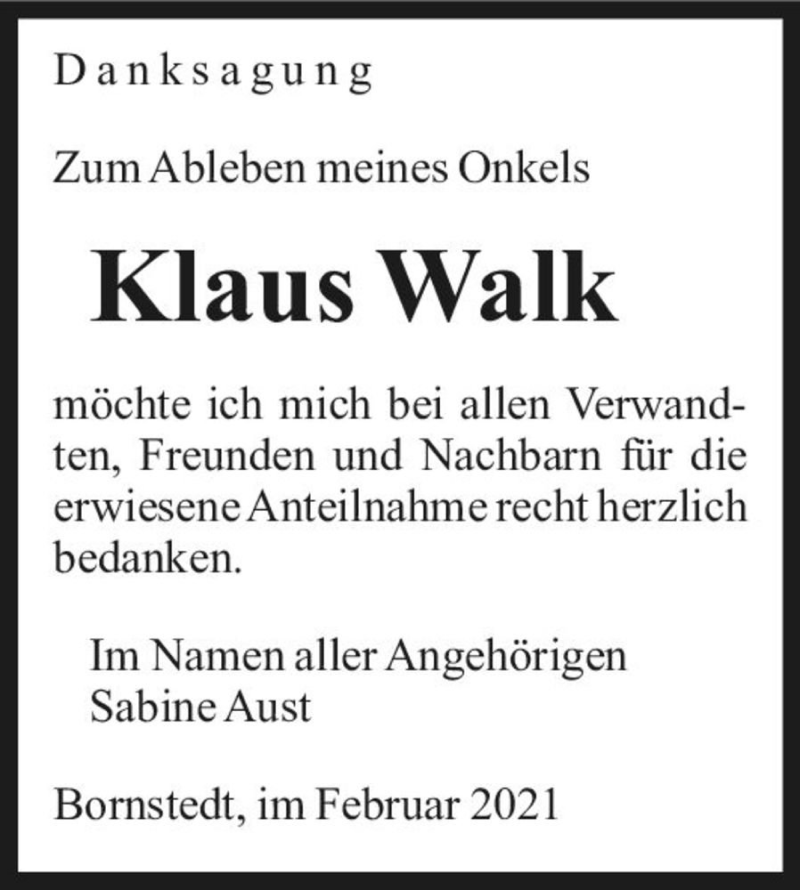  Traueranzeige für Klaus Walk  vom 16.02.2021 aus Magdeburger Volksstimme