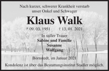 Traueranzeige von Klaus Walk  von Magdeburger Volksstimme