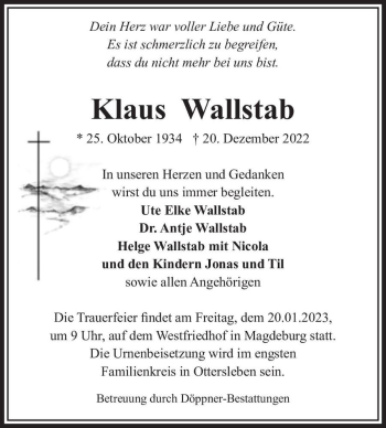 Traueranzeige von Klaus Wallstab  von Magdeburger Volksstimme