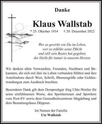 Traueranzeige von Klaus Wallstab  von Magdeburger Volksstimme