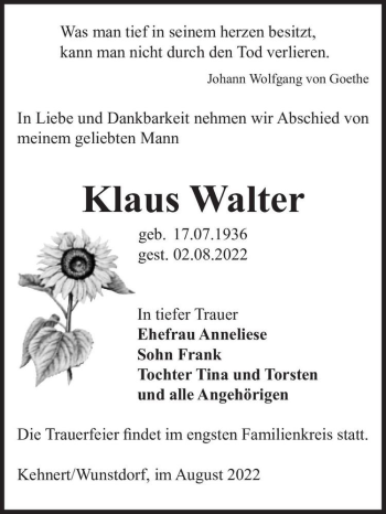 Traueranzeige von Klaus Walter  von Magdeburger Volksstimme