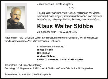 Traueranzeige von Klaus Walter Skibbe  von Magdeburger Volksstimme