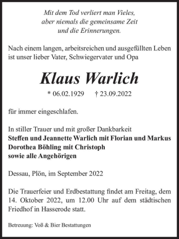Traueranzeige von Klaus Warlich von Magdeburger Volksstimme
