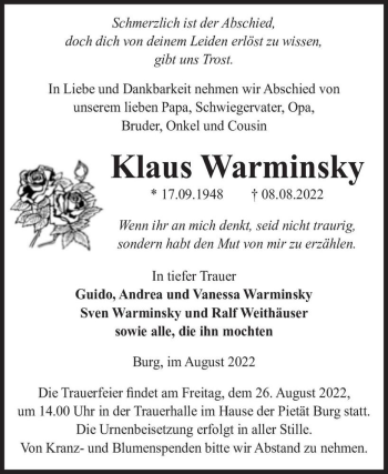 Traueranzeige von Klaus Warminsky  von Magdeburger Volksstimme