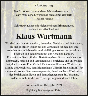 Traueranzeige von Klaus Wartmann  von Magdeburger Volksstimme