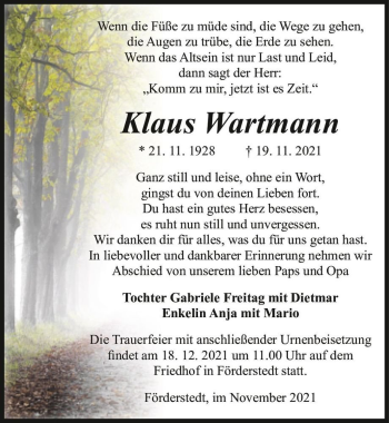 Traueranzeige von Klaus Wartmann  von Magdeburger Volksstimme