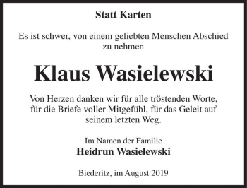 Traueranzeige von Klaus Wasielewski  von Magdeburger Volksstimme
