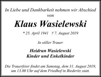 Traueranzeige von Klaus Wasielewski  von Magdeburger Volksstimme
