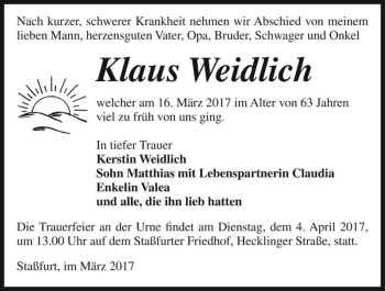 Traueranzeige von Klaus Weidlich  von Magdeburger Volksstimme
