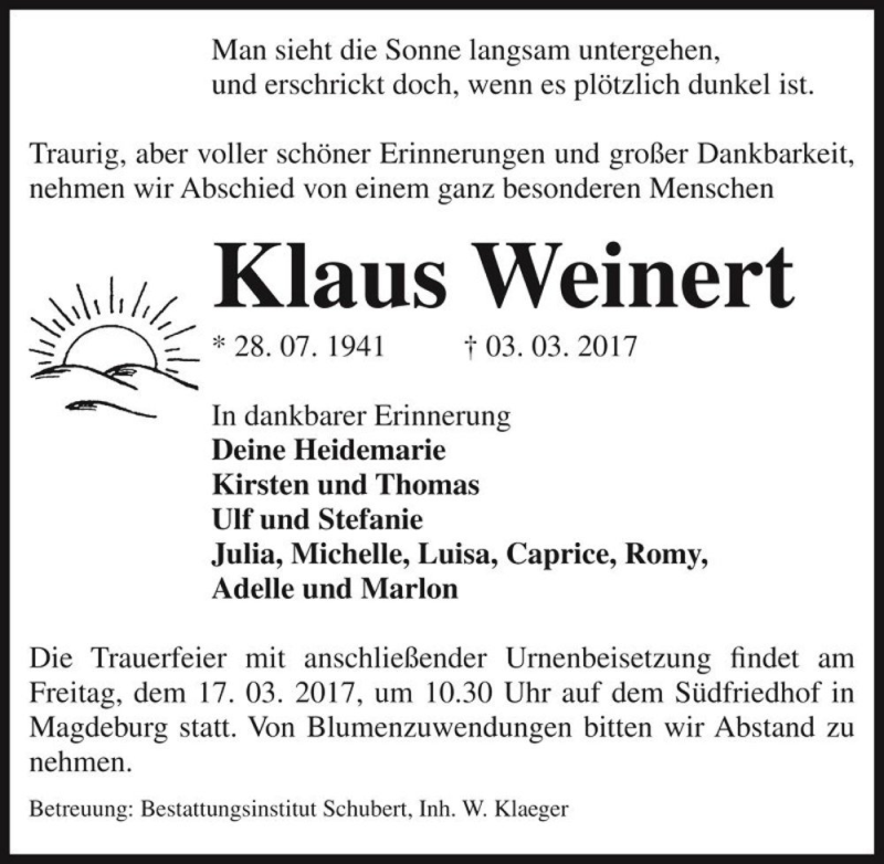  Traueranzeige für Klaus Weinert  vom 11.03.2017 aus Magdeburger Volksstimme
