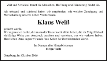 Traueranzeige von Klaus Weiß  von Magdeburger Volksstimme