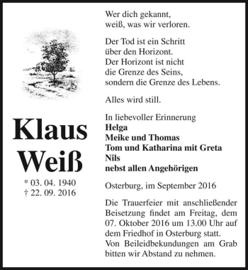 Traueranzeige von Klaus Weiß  von Magdeburger Volksstimme
