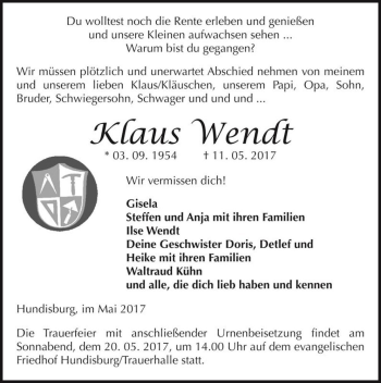Traueranzeige von Klaus Wendt  von Magdeburger Volksstimme