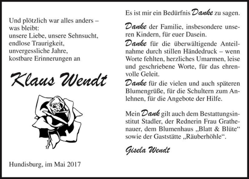  Traueranzeige für Klaus Wendt  vom 03.06.2017 aus Magdeburger Volksstimme