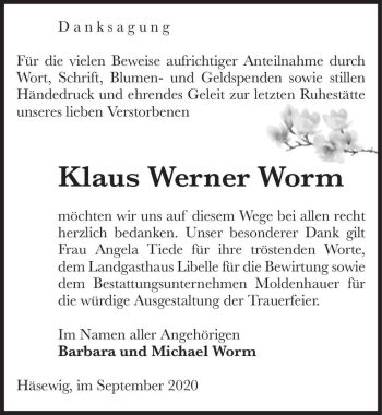 Traueranzeige von Klaus Werner Worm  von Magdeburger Volksstimme