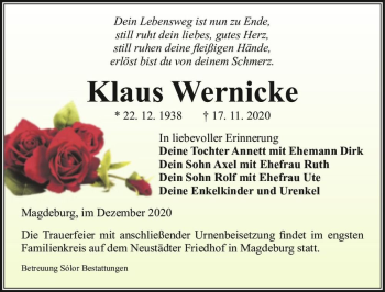 Traueranzeige von Klaus Wernicke  von Magdeburger Volksstimme