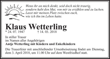 Traueranzeige von Klaus Wetterling  von Magdeburger Volksstimme