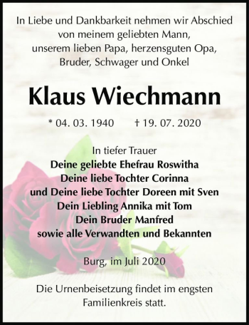 Traueranzeige von Klaus Wiechmann  von Magdeburger Volksstimme