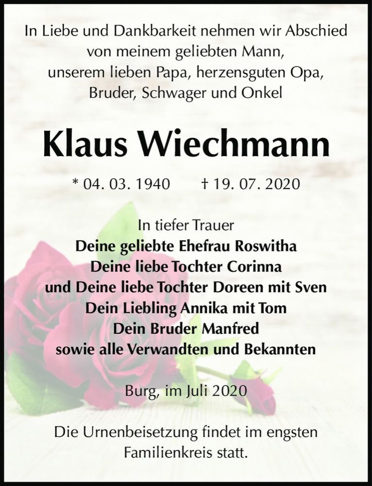  Traueranzeige für Klaus Wiechmann  vom 01.08.2020 aus Magdeburger Volksstimme