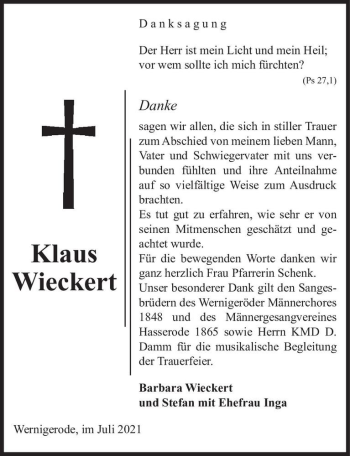 Traueranzeige von Klaus Wieckert  von Magdeburger Volksstimme