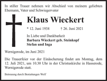 Traueranzeige von Klaus Wieckert  von Magdeburger Volksstimme