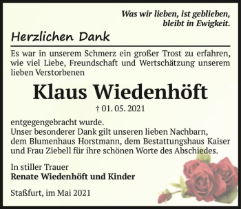 Traueranzeige von Klaus Wiedenhöft  von Magdeburger Volksstimme