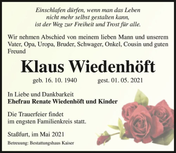 Traueranzeige von Klaus Wiedenhöft  von Magdeburger Volksstimme