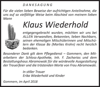 Traueranzeige von Klaus Wiederhold  von Magdeburger Volksstimme