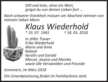 Traueranzeige von Klaus Wiederhold  von Magdeburger Volksstimme